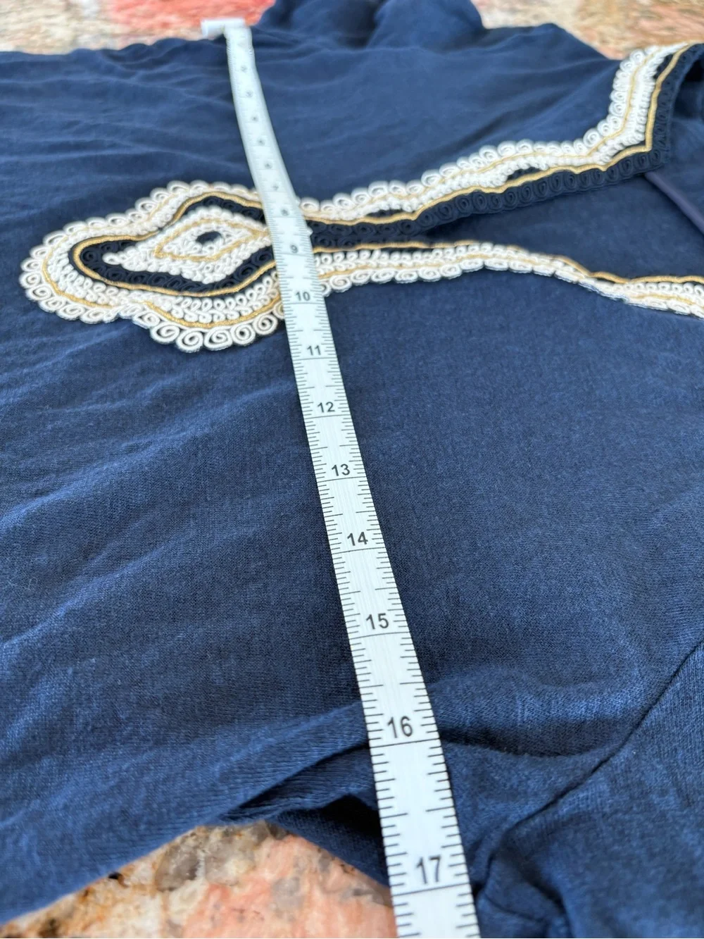 Tory Burch Navy Short-Sleeve Top with White Embroidered V-Trim